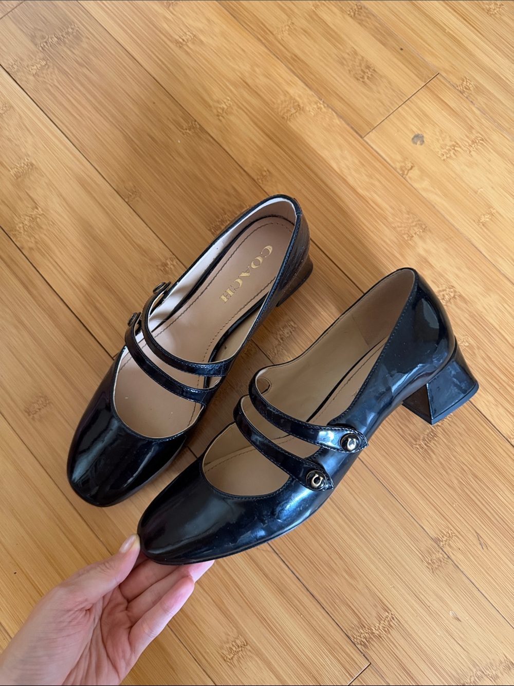 Coach Black Patent Mary Jane Block Heel Pumps with Dual Straps